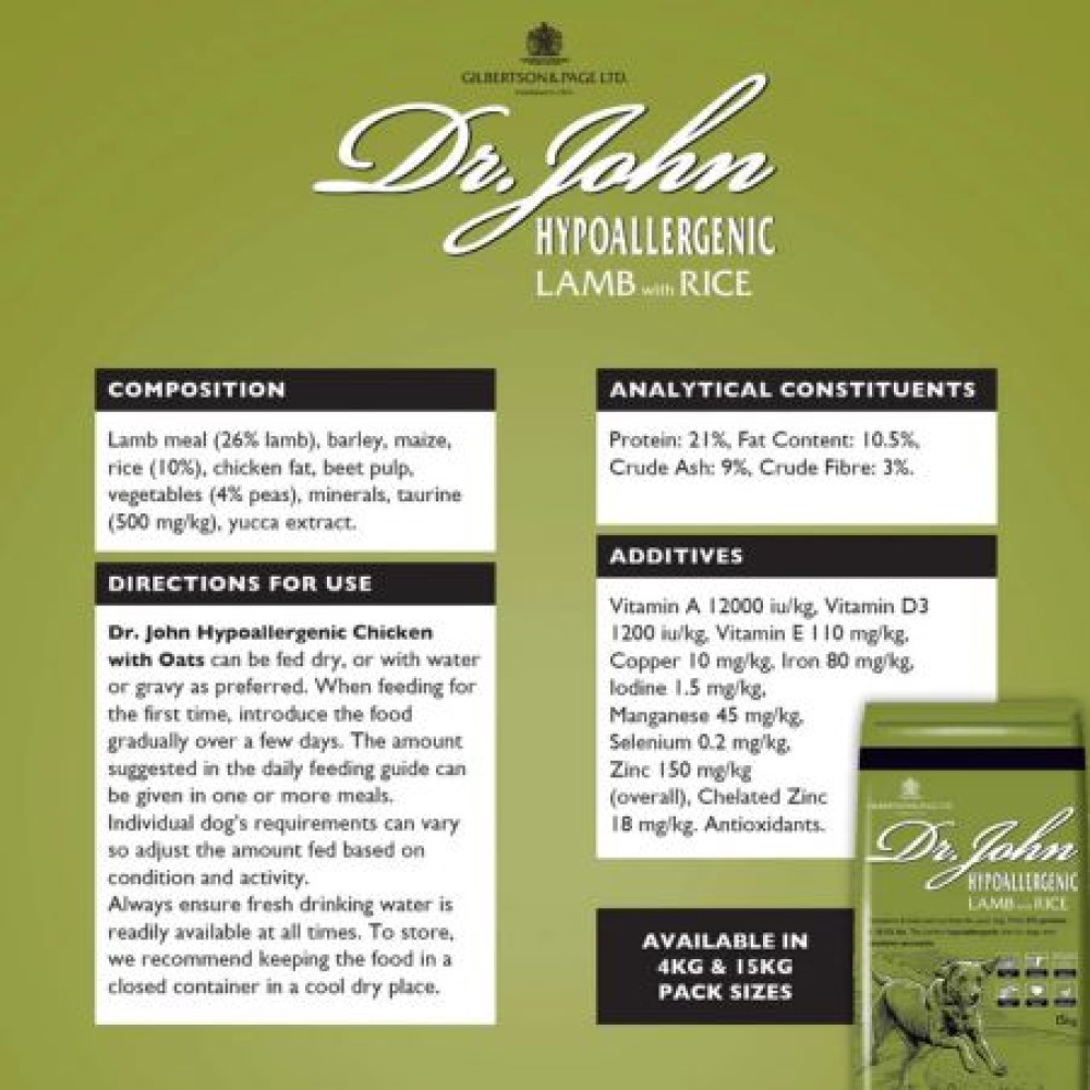Dr John Hypoallergenic – Lamb & rice, wheat-free food for sensitive dogs 