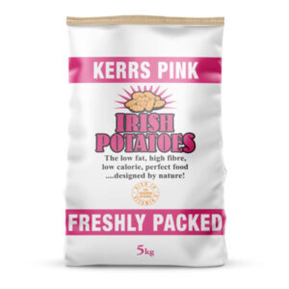 5kg Kerrs Pink potato sack with plastic handle, stitched bottom