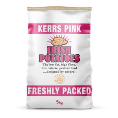 5kg Kerrs Pink potato sack with plastic handle, stitched bottom