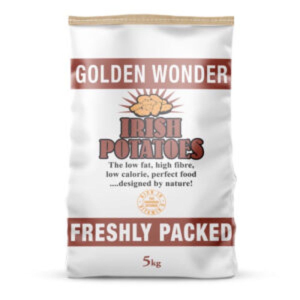 5kg Golden Wonder potato sack with plastic handle, stitched bottom