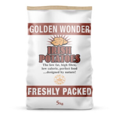 5kg Golden Wonder potato sack with plastic handle, stitched bottom